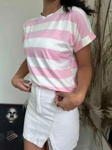 Women's T-Shirt Striped Blouse Short Sleeve Fashion Blogger - hồng và trắng - Xem 3