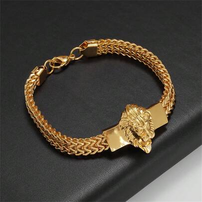 SeuSuk Herren Armband aus Edelstahl Geflecht mit dominantem Löwen Anhänger, Hip-Hop und Modeschmuck