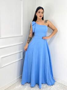 Long Luxury Plain Linen Dune Dress With One Shoulder Bow - 淺藍色 - 查看 1