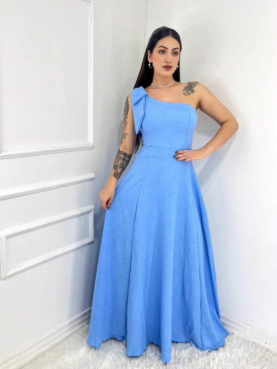Long Luxury Plain Linen Dune Dress With One Shoulder Bow - 淺藍色 - 查看 1