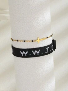 1 Pair WWJD What Will Jesus Do Letter Jacquard Knit Wristband Bracelet & Cross Decor Bohemian Beaded Bracelet Inspirational Christian Jewelry Set For Women Men For Daily Wearing
