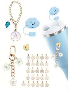 26 Letters Charm Accessories ,Cup Accessories Set Includes Name ID Letter Handle Charm For Cup Tumbler 30 40oz,Round Shape With Leaves Decor Initial Identification Charms,Cloud-Shaped Straw Cover Cute Soft Glue Colorful Straw Plug Cap