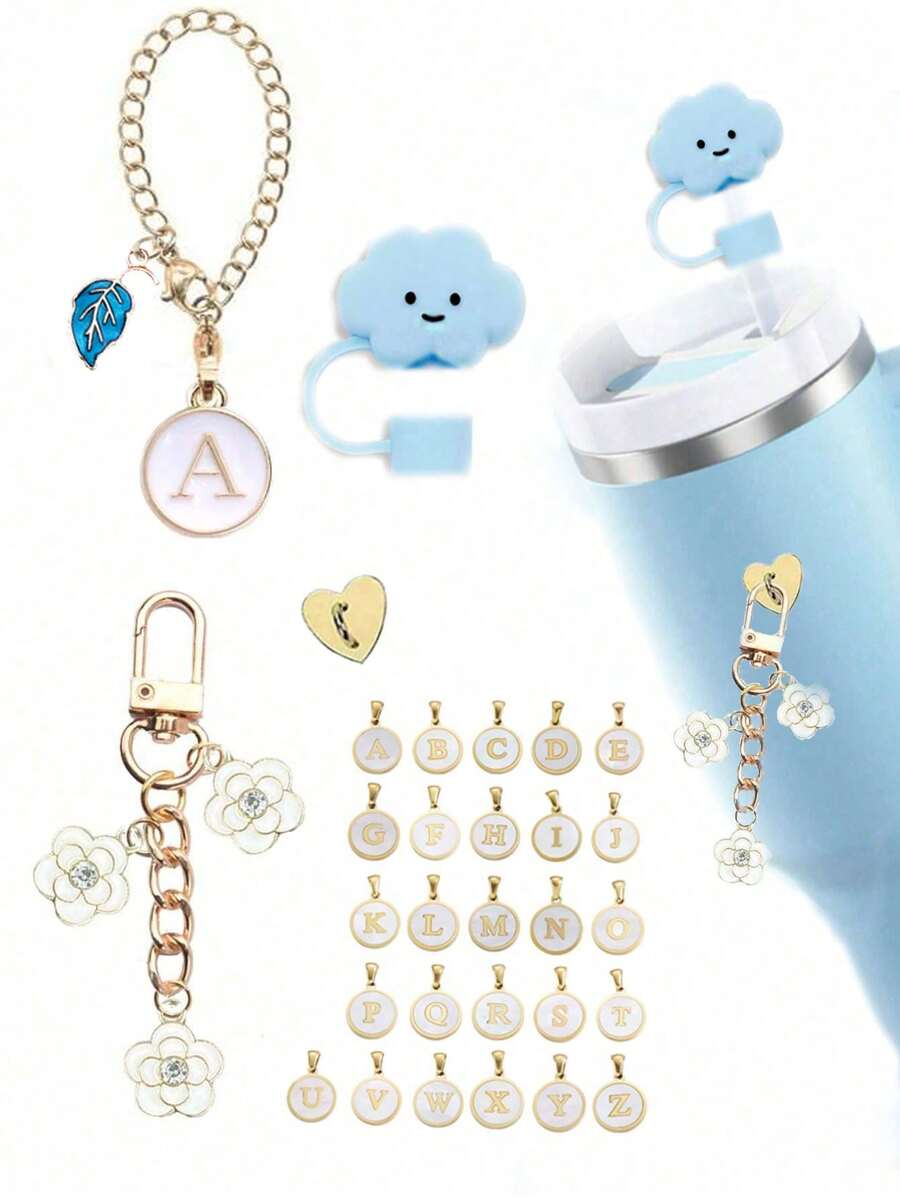 26 Letters Charm Accessories ,Cup Accessories Set Includes Name ID Letter Handle Charm For Cup Tumbler 30 40oz,Round Shape With Leaves Decor Initial Identification Charms,Cloud-Shaped Straw Cover Cute Soft Glue Colorful Straw Plug Cap