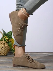 1 par de zapatos deportivos casuales de mujer, de suela ligera y suave con cordones, moda, nuevo material delgado y ligero resistente a la abrasión, unicolor, puntera plana y redonda, diseño de cordón deslizante, zapatos planos deportivos cómodos - Marrón - Ver 5