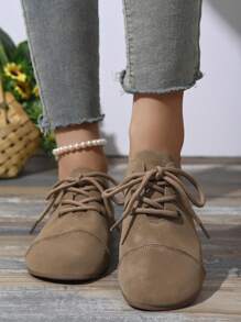 1 par de zapatos deportivos casuales de mujer, de suela ligera y suave con cordones, moda, nuevo material delgado y ligero resistente a la abrasión, unicolor, puntera plana y redonda, diseño de cordón deslizante, zapatos planos deportivos cómodos - Marrón - Ver 4
