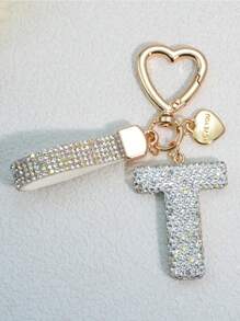 1pc Pink Soft Ceramic Letter Rhinestone Keychain, Cute Personalized Bag/Car Key Chain, Women Accessory, Gift For Mom, Friends, Valentine Valentine's Day Valentines Car Accessories Bag Charm School Goth Y2k - White - View 19