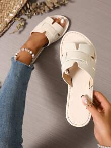 韩式女士休闲平底拖鞋，露趾夏季户外装，罗马风格，时尚法式女士凉鞋搭配连衣裙、海滩、公寓 - 米色 - 查看 2