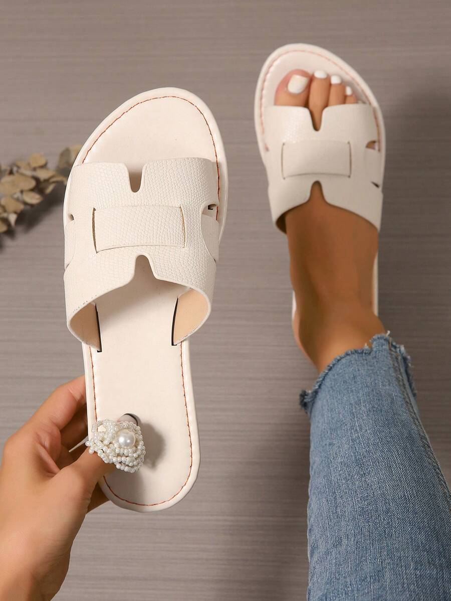 韩式女士休闲平底拖鞋，露趾夏季户外装，罗马风格，时尚法式女士凉鞋搭配连衣裙、海滩、公寓 - 米色 - 查看 1