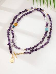 1pc Stylish European Amethyst Bead Layered Long Necklace, Suitable For Everyday Wear - Long Amethyst Necklace - View 5