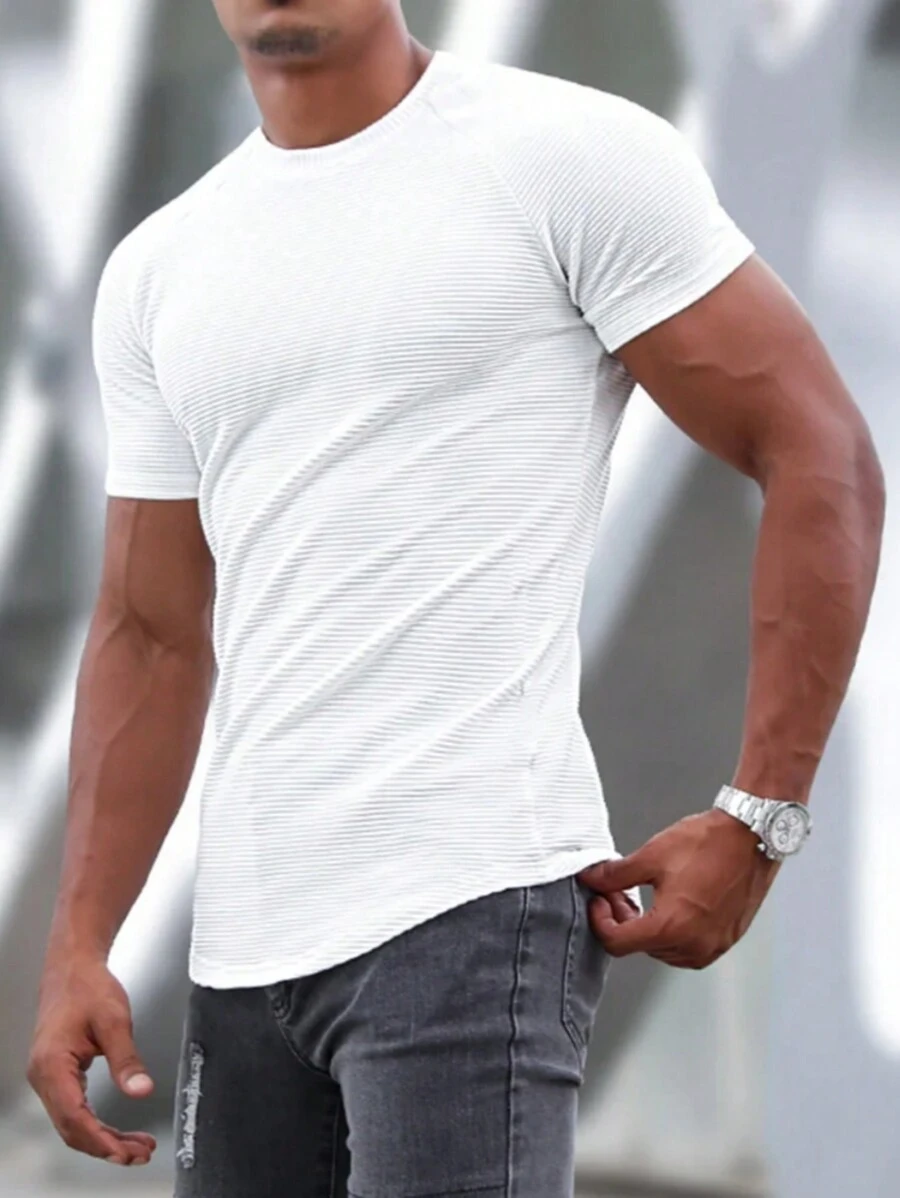 2pcs Men's Stylish Casual Striped & Solid Color Short Sleeve Slim Fit T-Shirt, Spring/Autumn - White - View 1