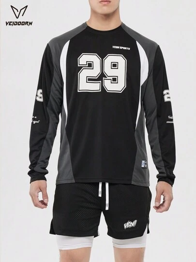 veidoorn 1 pieza Camiseta deportiva de manga larga, ropa de otoño para hombres, camiseta de entrenamiento ligera y cómoda de poliéster para hombres y mujeres, elementos de jersey de bloques de color, adecuada para otoño y primavera, opción rentable para el gimnasio y entrenamiento