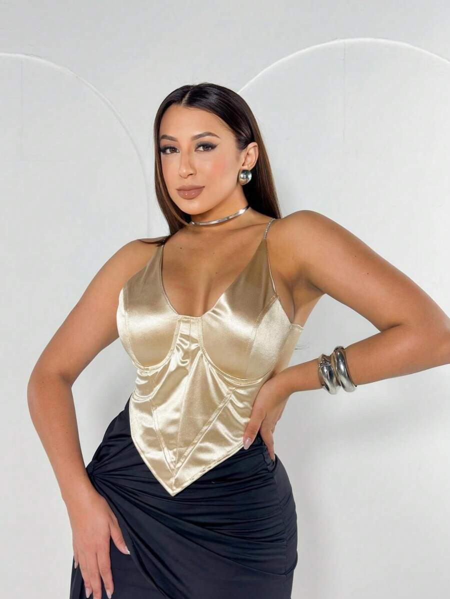 Women's Corsert In Satin PRD With Shiny Straps Luxury Party - Màu be - Xem 1