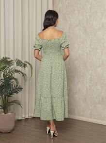 Long Dress With Puffed Sleeves Elastex Print - Màu xanh Bạc hà - Xem 2