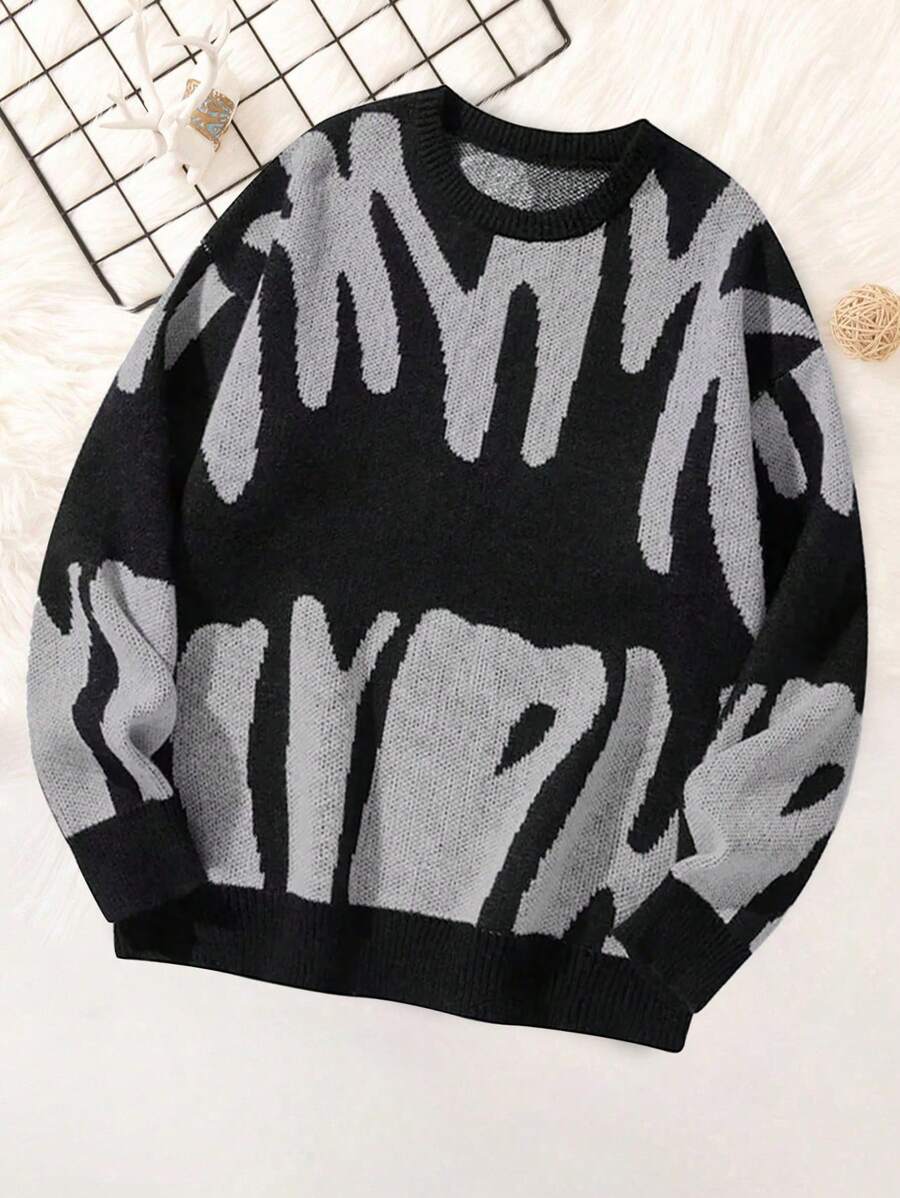 1件青少年男童复古休闲柔软拼接套头毛衣,保暖户外针织衫,春/秋/冬 - 黑色 - 查看 1