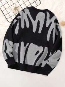 1件青少年男童复古休闲柔软拼接套头毛衣，保暖户外针织衫，春/秋/冬 - 黑色 - 查看 2