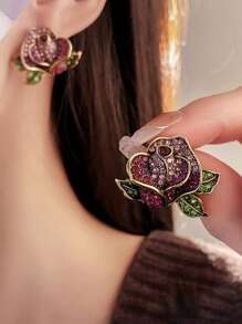1 par de pendientes tipo botón con forma de rosa de flores con rhinestones en estilo retro, de moda y versátil como regalo para mujeres, San Valentín, mamá, madre, Día de la Madre