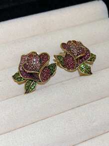 1 par de pendientes tipo botón con forma de rosa de flores con rhinestones en estilo retro, de moda y versátil como regalo para mujeres, San Valentín, mamá, madre, Día de la Madre
