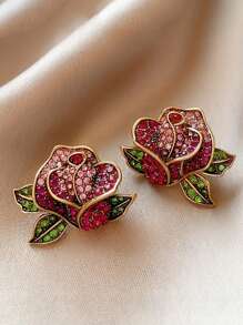 1 par de pendientes tipo botón con forma de rosa de flores con rhinestones en estilo retro, de moda y versátil como regalo para mujeres, San Valentín, mamá, madre, Día de la Madre