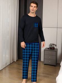 Two Pieces Sets Men's Sleepwear Autumn And Winter Long Sleeved Pants Checkered Pattern Home Clothes Sleepwear Set - Blue - View 4