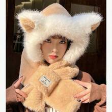 1 Bộ khăn choàng trùm đầu giữ ấm phong cách cáo lông mùa đông, chống gió và cách nhiệt - Màu be - Xem 2