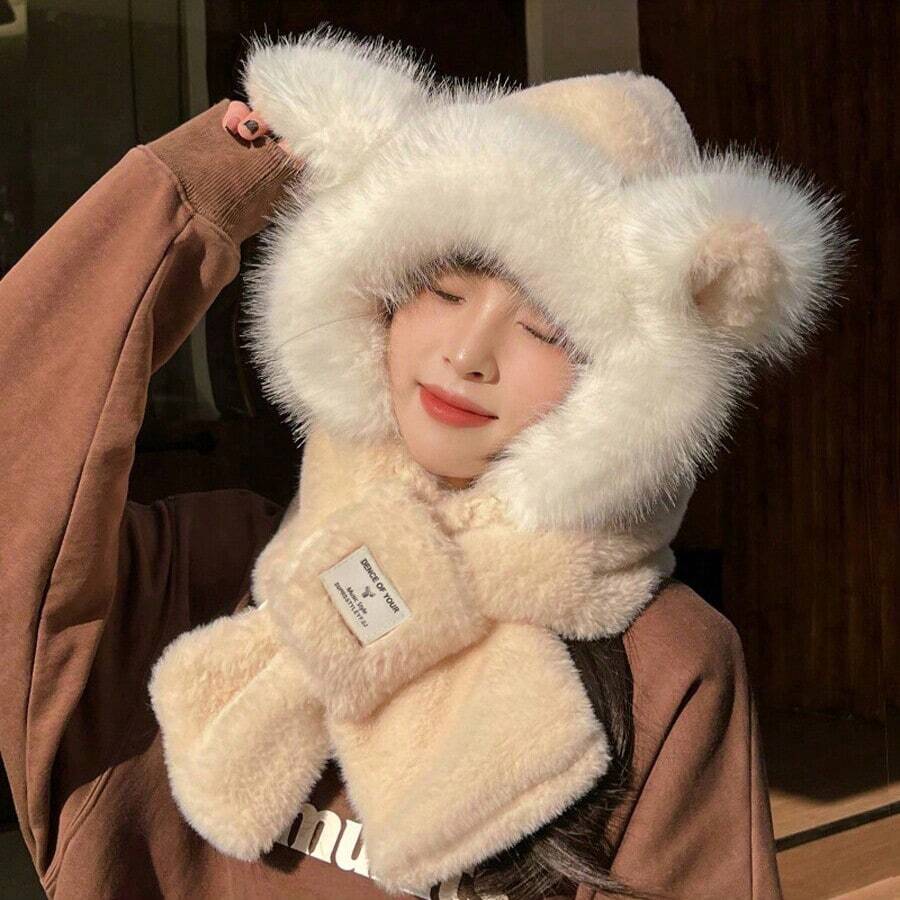 1 Bộ khăn choàng trùm đầu giữ ấm phong cách cáo lông mùa đông, chống gió và cách nhiệt - Màu be - Xem 1