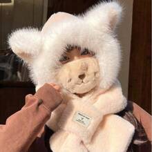 1 Bộ khăn choàng trùm đầu giữ ấm phong cách cáo lông mùa đông, chống gió và cách nhiệt - Màu be - Xem 3