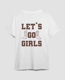 Unisex Basic Cotton T-Shirt Let's Go Girls Slogan With Boots - 白色 - 查看 3