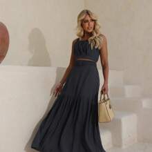 Long Pleated And Cropped Skirt Set With Elastic HQ106 - 鉛黑 - 查看 1