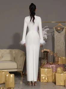 Modphy White Sexy Long Sleeve Luxury Handmade Rhinestone Faux Feather Bodycon Maxi Bandage Dress, Bridesmaid Dress For Wedding, Birthday Party, High-End Elegant Holiday Cocktail Party Formal Evening Gown For Ladies