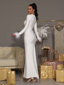 Modphy White Sexy Long Sleeve Luxury Handmade Rhinestone Faux Feather Bodycon Maxi Bandage Dress, Bridesmaid Dress For Wedding, Birthday Party, High-End Elegant Holiday Cocktail Party Formal Evening Gown For Ladies