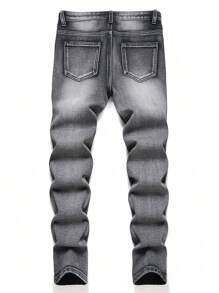 Teen Boy Ripped Straight Leg Denim Jeans, Black Grey - Black - View 2