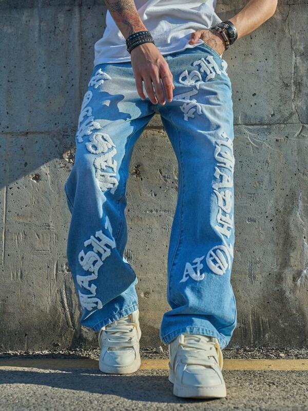 Men's Distressed Straight Jeans With Letter Print Design, Casual Street Style, Emo Style