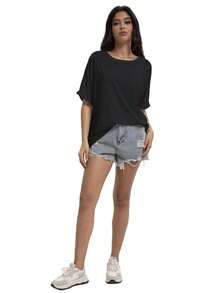 OUTBALL Women Oversized T-ShirtFit Workout Loose Tops Short Sleeve Gym Basic Tee Shirt - màu đen - Xem 5
