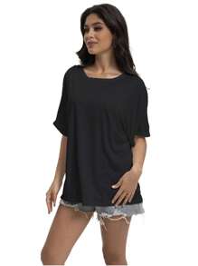 OUTBALL Women Oversized T-ShirtFit Workout Loose Tops Short Sleeve Gym Basic Tee Shirt - màu đen - Xem 3
