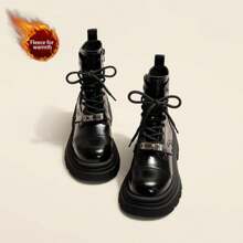 Platform Ankle Boots With Metal Buckle – Elevate Your Style And Height - Black Velvet - View 1