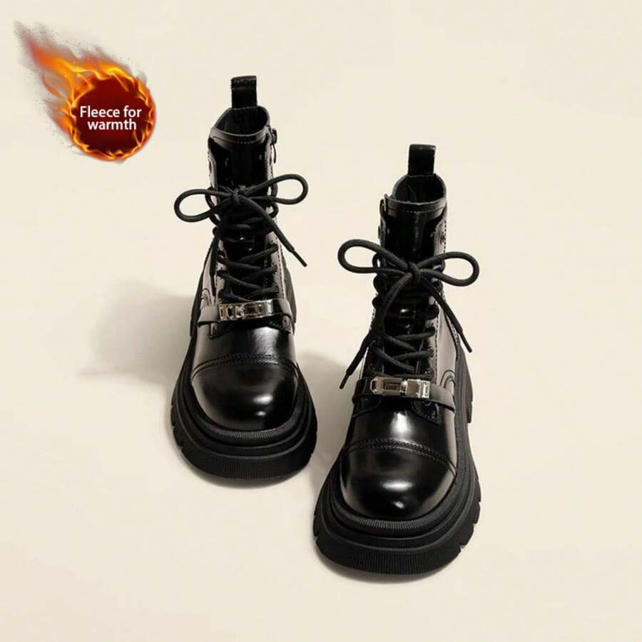 Platform Ankle Boots With Metal Buckle – Elevate Your Style And Height - Black Velvet - View 1