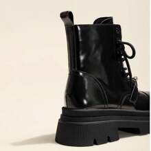 Platform Ankle Boots With Metal Buckle – Elevate Your Style And Height - Black Velvet - View 2