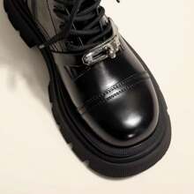 Platform Ankle Boots With Metal Buckle – Elevate Your Style And Height - Black Velvet - View 4