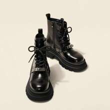 Platform Ankle Boots With Metal Buckle – Elevate Your Style And Height - Black Velvet - View 7