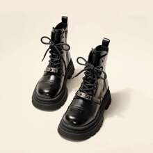 Platform Ankle Boots With Metal Buckle – Elevate Your Style And Height - Black Velvet - View 6