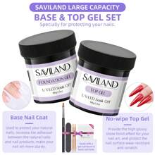 SAVILAND 2PCS Base And Top Gel Set, 3.5 OZ/100 G  Large Capacity No-Wipe High Glossy Top Gel Polish And Base Nail Coat With Gel Nail Brush U V LED Nail Gel For Long-Lasting Nail Art Home Salon Use