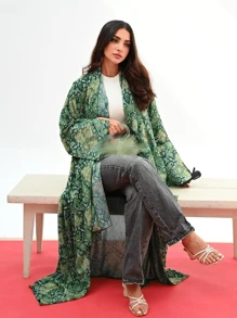 Bata con estampado para mujer, estilo de capa cardigan, estilo abaya - Verde - Ver 2