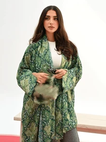 Bata con estampado para mujer, estilo de capa cardigan, estilo abaya - Verde - Ver 4