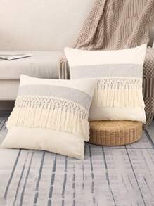 1 件波西米亚风格流苏抱枕套，拼布帆布装饰靠垫套（不含枕芯） - 灰色 - 查看 2