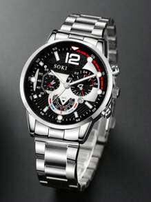 SOKI SOKI 国庆节 3 件男士手表豪华休闲时尚生锈钢表带数字表盘石英表适合日常佩戴、感恩节、万圣节、圣诞节、生日派对、斋月，也是完美的礼物，无盒 - 金色 - 查看 4