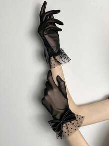 （领结款式随机）1双女士黑色薄款透气波点网纱蕾丝花边创意蝴蝶结手套，优雅婚礼新娘装饰手套，适合婚礼、晚宴、演出和摄影等场合，情人节配饰