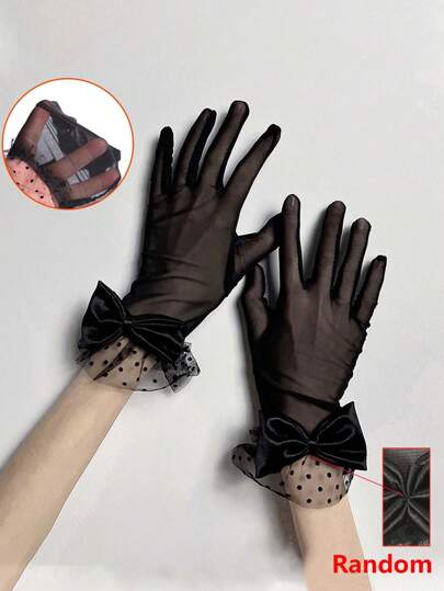 (Random Style At Bow Tie) 1Pair Women's Black Thin Breathable Polka Dot Mesh Lace Trim Creative Bowknot Gloves, Elegant Wedding Bridal Decorative Gloves, Ideal For Wedding, Evening Party, Performances & Photoshoots Valentine's Day Accessories
