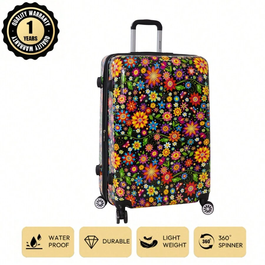 20 英寸聚碳酸酯全印花可扩展行李箱，欧洲品牌法国设计，耐用、防水、防刮、静音轮、TSA 锁、多种颜色、1 年保修，旅行必备，节日氛围，春季时尚基本款，舒适的家庭旅行，特别的礼物，顶级单品，春夏鲜艳色彩，男女通用，适合廉价航空随身携带 - V - 查看 1