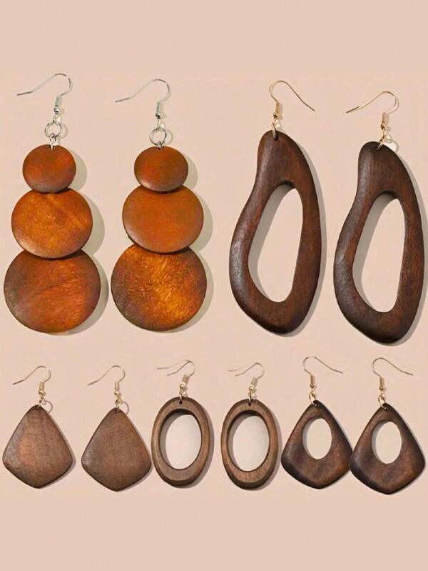5pairs/Set Vintage Brown Solid Wood Pendant Earrings