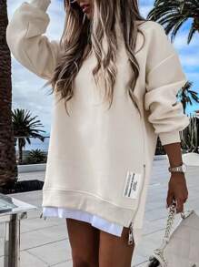 Long Sleeve Pullover Sweatshirt Zipper Slit Casual Dress - 杏色 - 查看 1